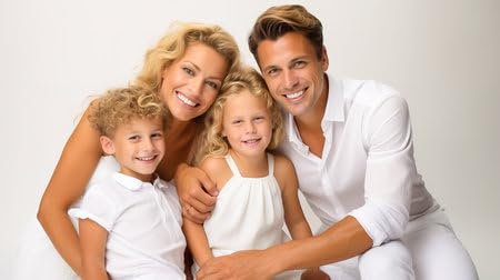 Holz-Bild 140 x 80 cm: Glückliches Paar mit Kindern wird im Studio in weißer Kleidung fotografiert. Hochwertiges Foto (215898505)