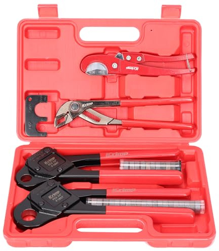 iCrimp Angle Head F1807 PEX Pipe Crimping Tool for Copper Rings - 1/2&3/4-inch Two Crimper Set with 9.5 Groove Joint Pliers, PPR Cutter, 20PCS 1/2 and 10PCS 3/4 Copper Rings