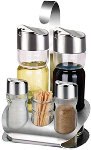 Oil and Vinegar Salt & Pepper Cruet Set,5Pcs Glass Sugar Container with Stainless Steel Base,Clear Glass Bowls with Lids,Salt Container Countertop Cabinet Sugar Jar for Pepper Oil Vinegar
