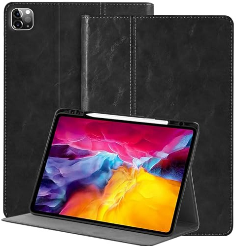 NANRUIL Hülle für Ipad Pro 12,9 Zoll 6./5./4./3.Gen Huelle 2022/2021/2020/2018 Echtes Leder Tablet Schutzhülle Case Cover,mit Stifthalter und Auto Wachen/Schlafen.Schwarz