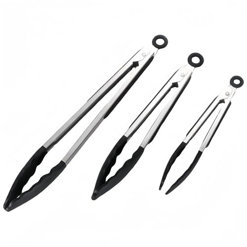 Lot de 3 Pinces de Cuisine en Acier Inoxydable et Silicone, Pince Cuisine Silicone, Résistante à la Chaleur pour Barbecue, Viandes, Salades, 21-26-34cm FHISKUNYU
