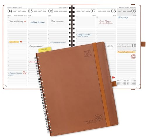 POPRUN Kalender 2025 2026 Wochenplaner (Aug.2025-Dez.2026) Ringbuch mit Softcover, ca. A4 (26,5 x 21,5 cm), 17-Monate-Terminplaner 1 Woche 2 Seite mit FSC®-Zertifiziertem Papier - Braun