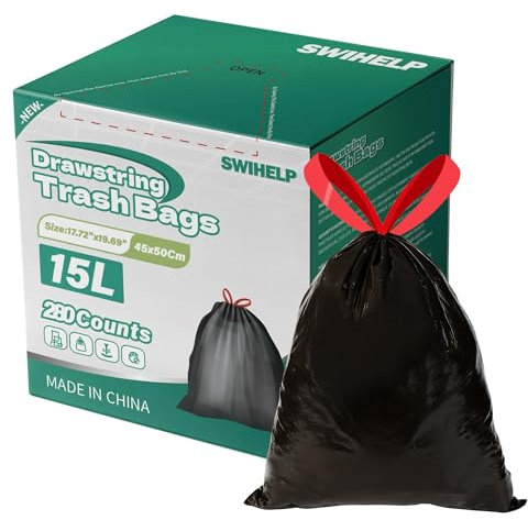 280 Bolsas de Basura con Cierre de Cordón - 15 Litros - Extra Gruesas (15.2 Micrones) - Resistentes y Herméticas - Para Cocina, Baño, Oficina