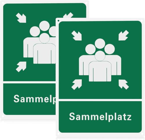 JIZZU Sammelplatz Schild, 2 Stück 30 x 40 cm Sammelplatz Schild Außenbereich, Alu Nachleuchtend Wasserdicht UV-Schutz Fluchtwegschild