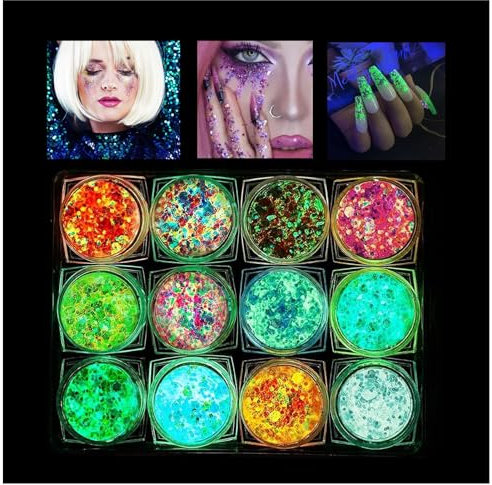 WAWJ® Glitter, 12 Farben Festival Glitzer Gesicht, Fluoreszierendes Body Glitter Festival Accessoires, Halloween Schminke Make-up Glitter Zubehör für Gesicht, Nagelde, Körper, Haare