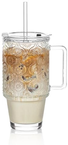 KEMORELA 24 Oz Glass Tumbler with Straw and Lid, Iced Coffee Cups with Lids, Smoothie Cup with Handle, Begonia Pattern Glassware for Cold Drinks, Reusable Tumbler for Beverages (1)
