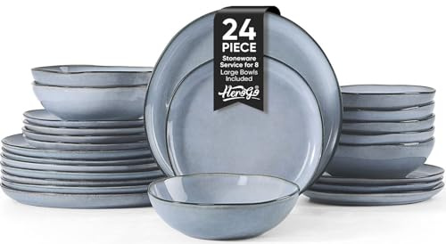 Herogo 24 Piece Dinnerware Dishes Sets for 8, Stoneware Plates and Bowls Dinner Set, Irregular Handmade Dishware Tableware for Home Kitchen, Microwave & Dishwasher Safe, Smoky Blue