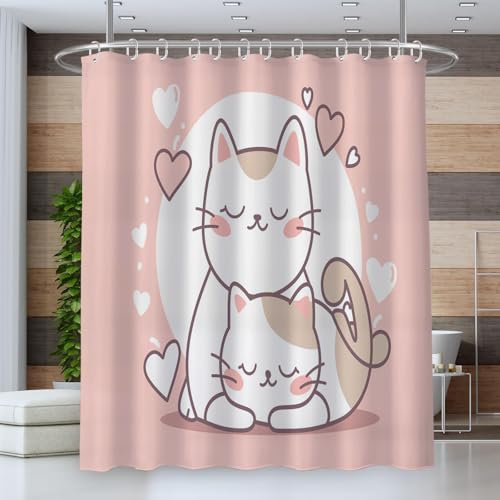 ZISTRCBAO Duschvorhang Anti-Schimmel,120 * 180cm Wasserdicht Antibakteriell Vorhang für Dusche und Badewanne für Kinder,3D Herzförmige Katze Zeichentrick Tiere,inkl 12 Duschvorhangringen