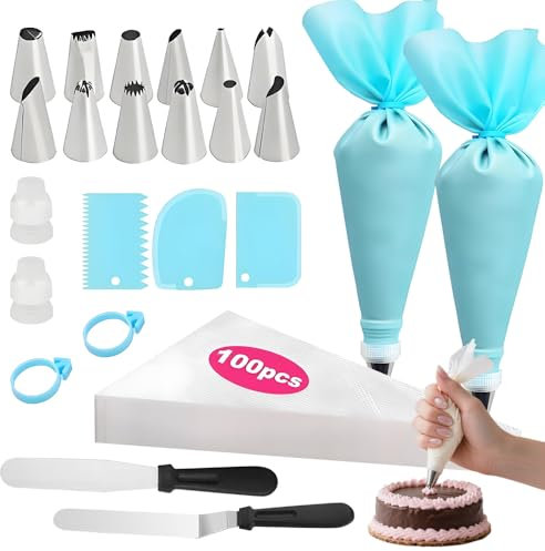 122 Pcs Cake Decorating Tools, Icing Piping Kit Include Piping Bags and Nozzles, 2 Converters, 2 Silicone Ties and 1 Eva Reusable Framing Bag, Baking Accessories with 2 Cream Spatulas
