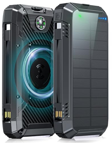 49800mAh Power Bank Solare, PD 30W USB C Power Bank Ricarica rapida con 3 Câbles, 4 Port (2 USB & 1 Type-c), 15W Ricarica Wireless, Spie luminose a LED, Torcia, Caricatore Portatile con Smartphones