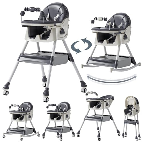 Magic ZC Baby Hochstühle Baby-Hochstuhl Kleinkind-Esszimmerstuhl mit Schwingmodus und 3 Liegepositionen mit abnehmbaren Doppelplatten und Rädern mit bequemer Lagerung (560 Grey)