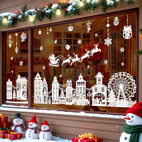 wondever Fensterbilder Weihnachten Häuser Weiß Schneeflocken Fenstersticker | Wiederverwendbar, Doppelseitig Statisch PVC Fensterdeko, Fensterfolie weihnachten selbstklebend für Winter Innen Dekoration