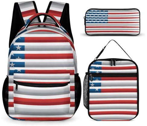 peiyeety Mochila ligera con lonchera, bolsa de maquillaje, mochila, lonchera y bolsa de almacenamiento (bandera de baterista estadounidense)