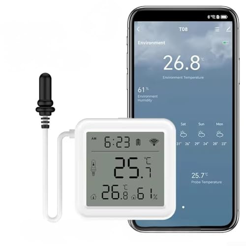 Thermomètre hygromètre intelligent WiFi avec sonde, pour application Tuya Capteur de température et d'humidité, pour réfrigérateur, aquarium, pour Alexa Voice, Mises à jour météo en temps réel