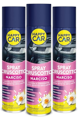 HappyCar x3 Spray Lucida Cruscotto Auto Professionale 600 ml - Protezione Interni con Tecnologia BalanceScent® - Lucida, Profuma e Deterge, Non Unge - Made in Italy (Narciso)