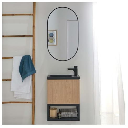 MOB-IN Ensemble Lave-Mains Nova métal et Bois avec Robinet Noir et Miroir Ovale