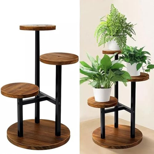 Blendra 3 Tier Plant Stand Indoor Plant Shelf Flower Holder | Metal Wooden Plant Shelf For Multiple Plants, Suitable For Patio, Garden, Balcony, Living Room And Bedroom,Black + Brown