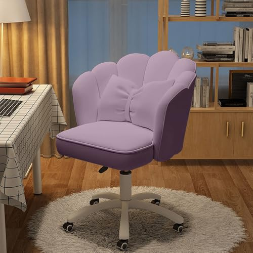 XUEGW Petal Desk Chair with Bow Cushion Velvet Vanity Chair with Wheels, Upholstered Home Office Chair for Girls Women, Mid-Back Swivel Computer Task Chairs for Living Room Bedroom