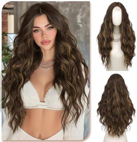 Sofeiyan Peluca Largos y Ondulados,70 cm Castaño Oscuro con Reflejo Dorados Pelucas para Mujer con Raya Central Natural Pequeño Frente de Encaje,Resistent al Calor Sintética,para Diario Fiesta cosplay