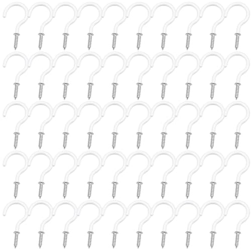 GYTFOG 50 PCS Small Hooks Screw in, White Cup Hooks, 1/2 Inch Mini Hooks for Wood, Ceiling, and Wall, Metal Screw Screw in Hooks, Small Hooks for Organization Home Office Plants (White)
