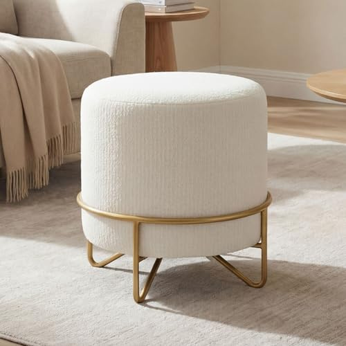 Ya-Home Pouf Rotondo in Ciniglia, Poggiapiedi Divano Ottomano Ingresso, Pouf Poggiapiedi Moderno, Sgabello Toeletta Trucco con Gambe in Metallo Dorato per Camera da Letto/Salotto/Soggiorno, Bianco