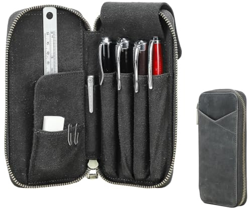 CONTACTS Étui à crayons en véritable cuir, fabriqué à la main, porte-stylo vintage, housse de protection pour stylos pour voyage, élégant accessoire de bureau, boîte organisatrice pour crayons, Gris 4