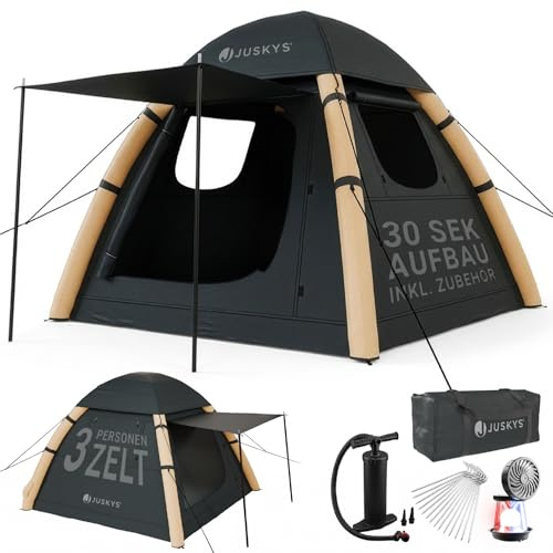 JUSKYS® Aufblasbares Camping Zelt EasyFlow M - 3 Personen Campingzelt mit Vordach, wasserdicht, UV-Schutz LSF 50, inklusive LED-Lampe & Zubehör