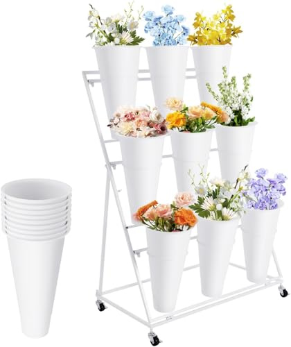 Blomställning Med 12 Hinkar, Metallvagn Med 3 Våningar Och Hjul - Robust Vitt Blomsterställ För Bröllop, Butiker, Trädgårdar Och Heminredning