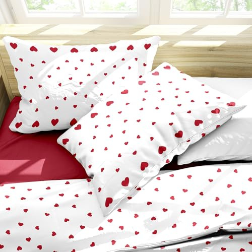 Gilania Completo Letto Matrimoniale San Valentino, 100% Cotone Con Cuori, 4 pezzi: 2 federe, lenzuolo sopra 240x280, con angoli 170x200 Traspirante, ipoallergenico, Romantico