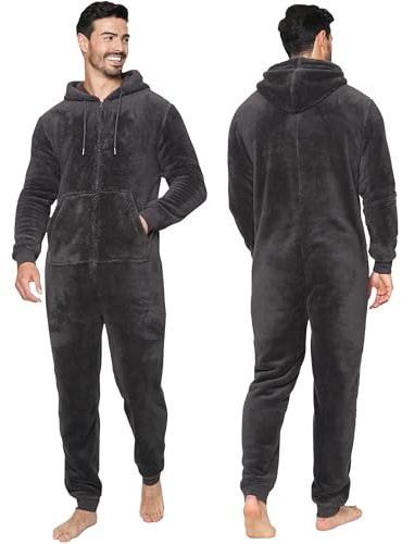 NOROZE Vuxen herr enkel tjock gosa mjuk fleece allt-i-ett overall med huva pyjamas onesie nattkläder, Träkol, XXL