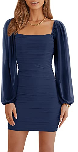 Wenrine Women's Mesh Long Sleeve Square Neck Ruched Party Club Cocktail Bodycon Mini Dress Navy Blue
