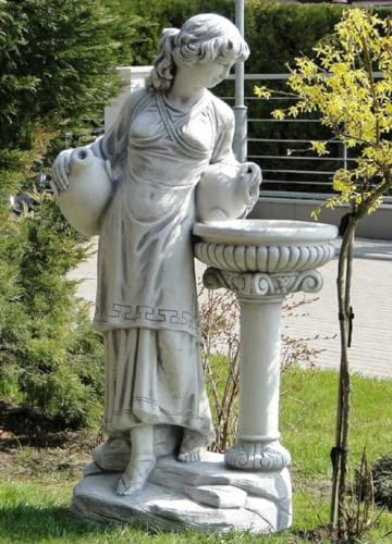 Casa Padrino Jugendstil Wasserspeier Skulptur Frau mit Krügen und Brunnen Grau 60 x 39 x H. 140 cm - Elegante Wasserspeier Stein Figur - Barock & Jugendstil Garten Deko Accessoires