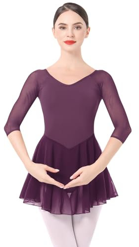 Vestido de ballet para mujer de manga 3/4 con tutú de gasa, traje de gimnasia, traje de baile, vestido de bailarina, ropa de baile, fucsia, S
