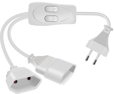 HuaLiSiJi Eurostecker Verteiler 2fach Kurz Eurostecker 2 auf 1 Verlängerungskabel Eurostecker Kurz mit Schalter Verlängerungskabel Flach Auf Rund 2,5A 250V, für Haushaltsgeräte (32cm Weiß)