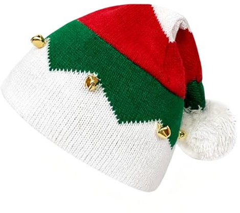 YTAONS Christmas Hat Knitted Elf Xmas Stripe Hat with Bell Thicken Velvet Xmas Winter Beanie for Adults Women Man (Red+green+white, Adult)