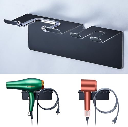 Support Seche Cheveux, Porte Sèche Cheveux Mural sans Percage, Accroche Seche Cheveux Noir en Acier Inoxydable, Support Mural pour Sèche Cheveux Adhésif pour Salle de Bain, Salon de Coiffure