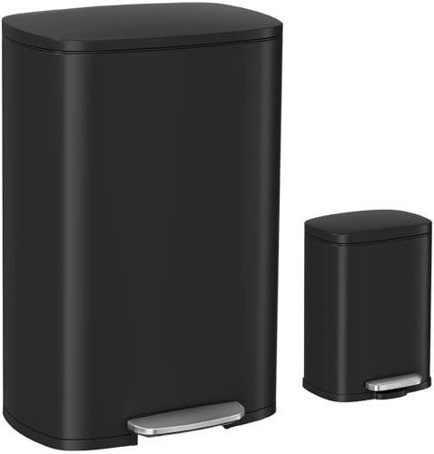 Clevich 2-pack papperskorg, 50 l och 5 l pedalhink av metall med softclose-lock, avtagbar innerhink, stor soptunna kök och liten pedalhink badrumsset, rektangulär (svart)