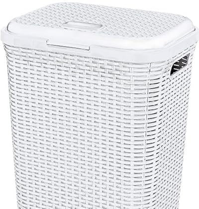 Cesto para Ropa 50L - Envio 24h - con Asas y Tapa, pongotodo Rattan de plástico duro. Cubo para plancha, Almacenaje juguetes, herramientas o Multiusos. Ligero y Resistente. (Blanco, 50 L)