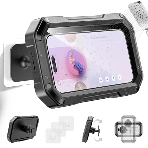 KDD Funda Móvil para Ducha Impermeable - Soporte para Teléfono para Ducha 360° Giratorio & Extraíble, Soporte Movil Pared con Pantalla Táctil HD para Baño Cocina se Adapta a Teléfonos de 4-6.7“