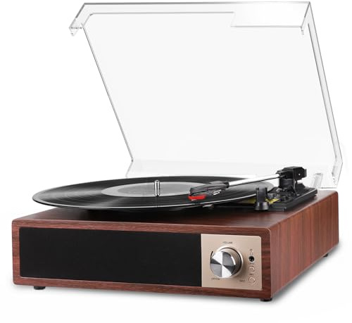Record Player, VOKSUN Bluetooth Vinyl Turntable with Built-in Stereo Speaker Belt-Driven Vintage Phonograph Record Player Vinyl Player, 3 Speed Turntable with Digital Encoder, USB, RCA, Aux IN, Walnut
