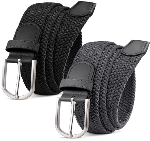 MATLAB Pack de 2 Cinturones Elásticos Trenzados Unisex sin Agujeros, Ajustables y Cómodos para Hombre y Mujer, 3,3 cm de ancho, 120 cm, Black + Gray