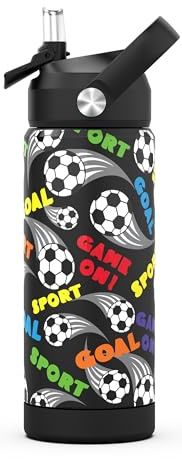 Boys Water Bottle with Straw,550 Ml Kids Insulated Cups with Stainless Steel Leak Proof for School,Sport&Travel (Football)