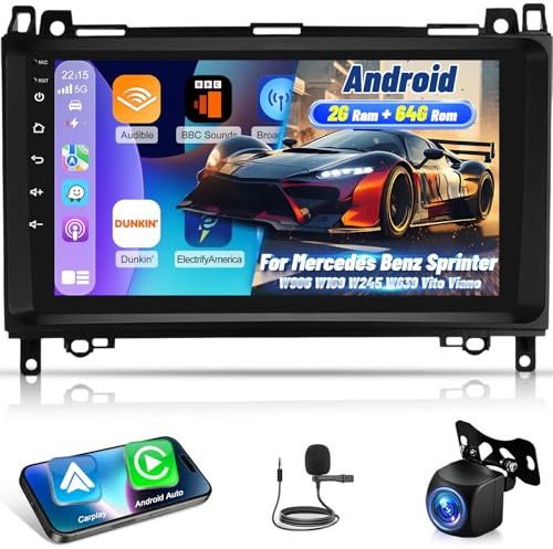 2G+64G Autoradio Android per Mercedes Benz Sprinter W906 W169 W245 W639 Vito Viano, Wireless Carplay e Android Auto 9 Pollici Touchscreen Radio con WiFi/GPS/Bluetooth/EQ/FM RDS Radio+Backup Camera