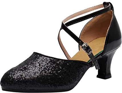 Sandales pour femme - Chaussures de danse latine - Sandales à talons - Salle de bal - Tango Party - Chaussures de danse à paillettes, Noir , 40 EU