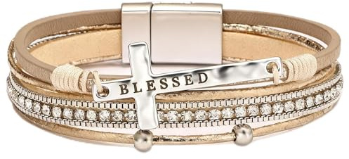JAVMOO Leopard Wrap Bracelet for Women, Boho Leather Multilayer Pearl Cross Vintage Fashion Western Jewelry Stack Bangle Gold