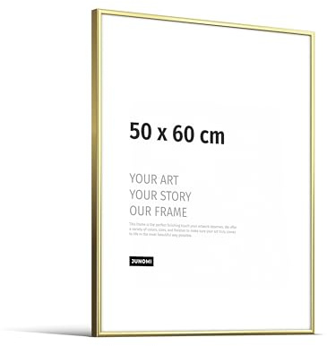 JUNOMI® Bilderrahmen 50x60 cm, Aluminium Gold glänzend, Posterrahmen | Moderner schmaler Rahmen aus Aluminium mit bruchsicherem Acrylglas, Hoch- und Querformat, für Fotos, Poster und Kunstdrucke