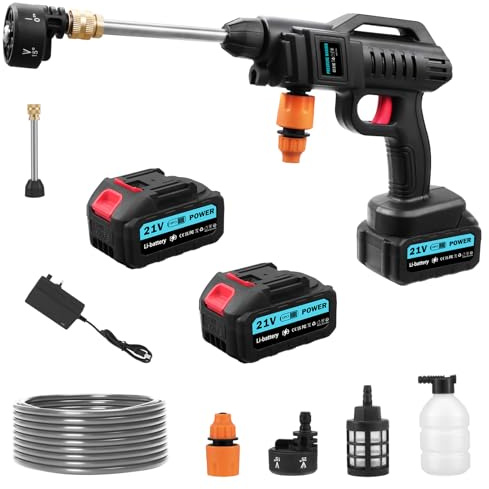 Idropulitrice Portatile Senza Fili 3000W 21V con 2 Batterie - Include Tubo e Serbatoio Schiuma, per Lavaggio Auto, Pavimenti e Giardino