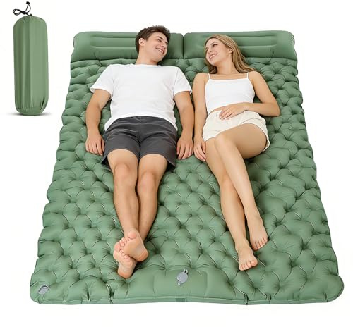 Double Camping Mat, Ultralight Self Inflating Sleeping Pad, 10cm Extra Thick Reinforced Camping Air Bed with Pillows & Built-in Foot Pump, Portable Air Mattress for Hiking Tent Backpacking (Green)