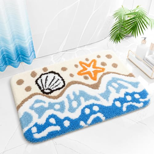 Dermalyx Alfombra De Baño con Motivo Costero, Esterilla para Ducha con Tema De Playa, Estilo Marino, Alfombrilla De Baño 3D con Estrella De Mar, Concha Y Decoración Náuti