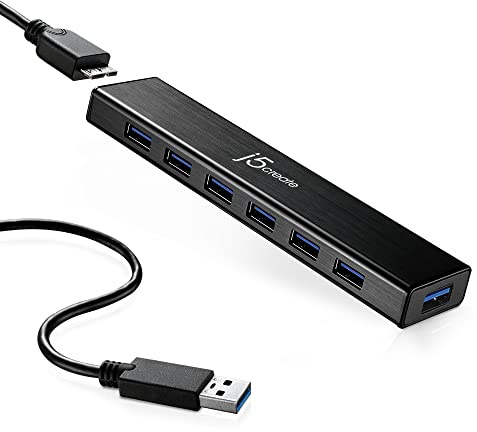 j5create 7-Port Powered USB 3.0 20W Data Hub with 3.3 ft Extended Cable | Power Adapter Included, for Mac, MacBook, Windows, Laptop, Surface, XPS, PC (JUH377)